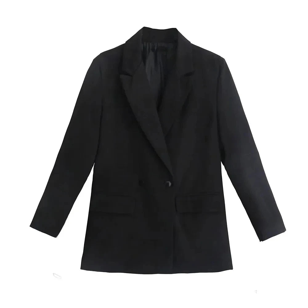 Women’s Double-Breasted Loose Fit Blazer Coat – Vintage Long Sleeve Jacket