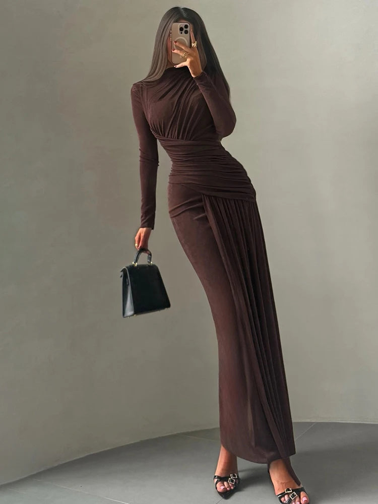 Nibber Folds Maxi Dress – O-Neck Long Sleeve Elegant Vacation Dress