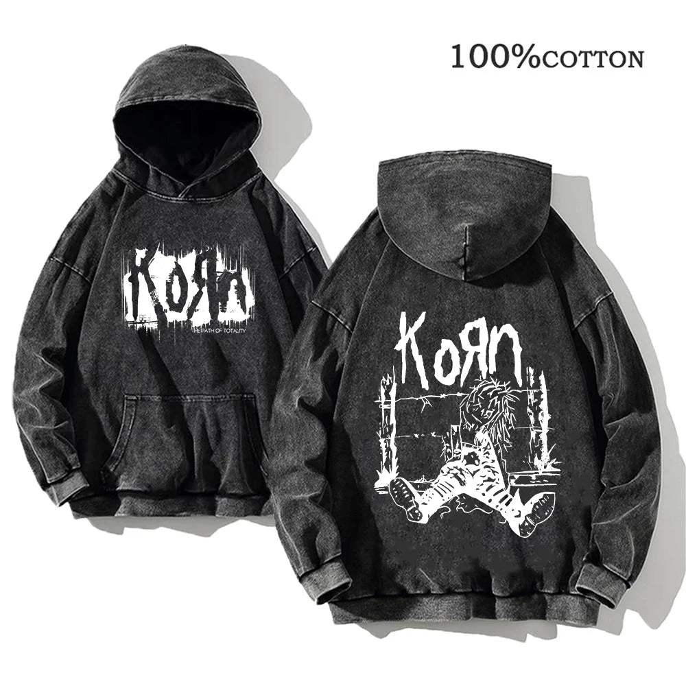 Korn Rock Band Vintage Washed Hoodie – Y2K Streetwear Sweatshirt