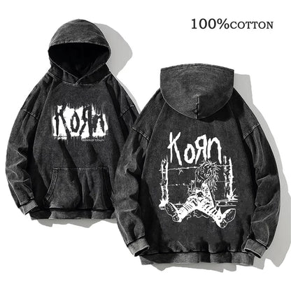 Korn Rock Band Vintage Washed Hoodie – Y2K Streetwear Sweatshirt