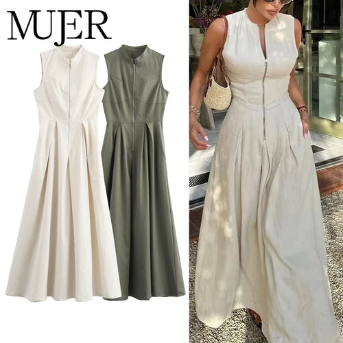 MUJER Zipper Pleated Sleeveless Bodycon Midi Dress