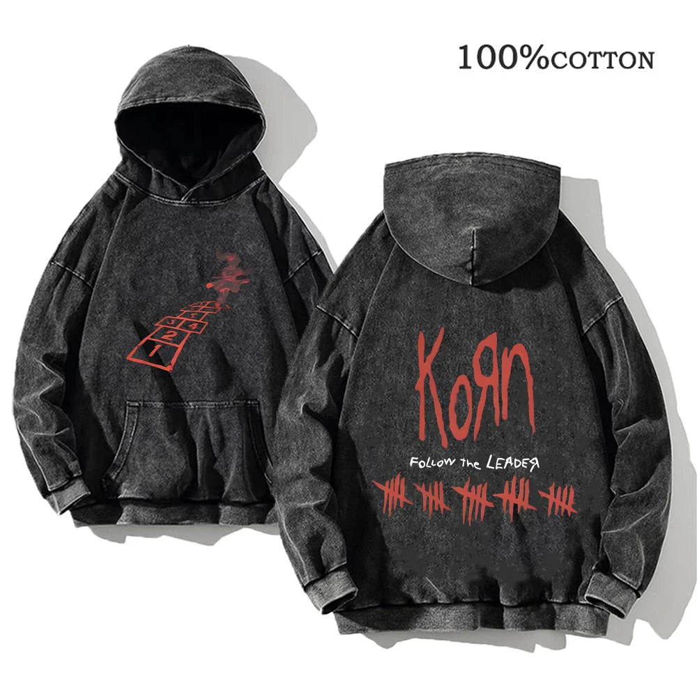 Korn Rock Band Vintage Washed Hoodie – Y2K Streetwear Sweatshirt