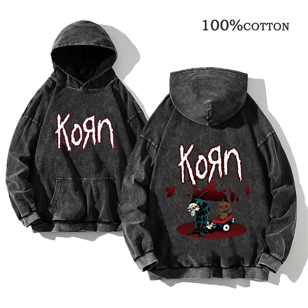 Korn Rock Band Vintage Washed Hoodie – Y2K Streetwear Sweatshirt