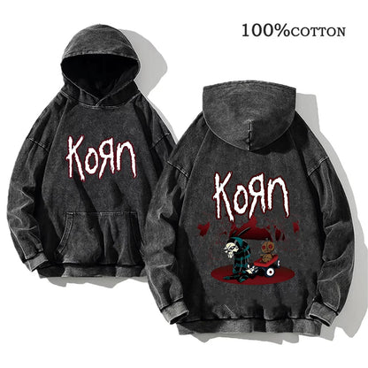 Korn Rock Band Vintage Washed Hoodie – Y2K Streetwear Sweatshirt