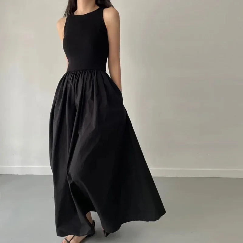 Simple Summer Elegant Black Sleeveless Maxi Dress for Women