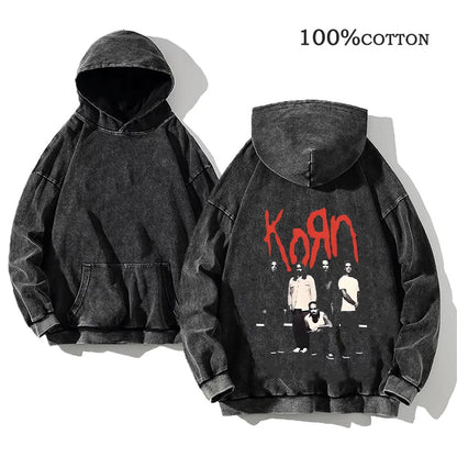 Korn Rock Band Vintage Washed Hoodie – Y2K Streetwear Sweatshirt