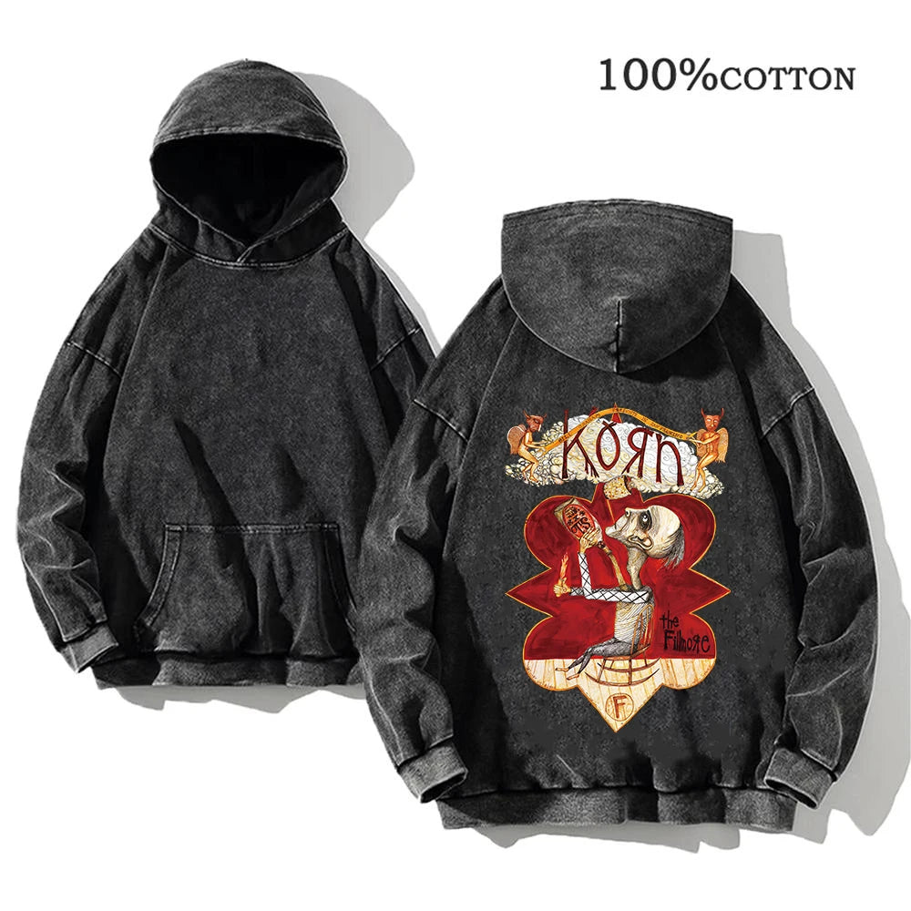 Korn Rock Band Vintage Washed Hoodie – Y2K Streetwear Sweatshirt