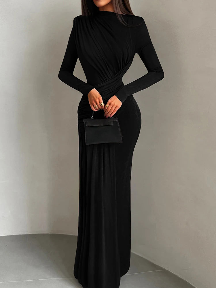 Nibber Folds Maxi Dress – O-Neck Long Sleeve Elegant Vacation Dress