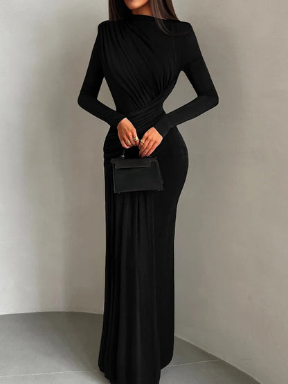 Nibber Folds Maxi Dress – O-Neck Long Sleeve Elegant Vacation Dress