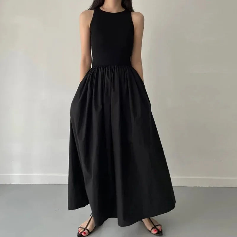 Simple Summer Elegant Black Sleeveless Maxi Dress for Women