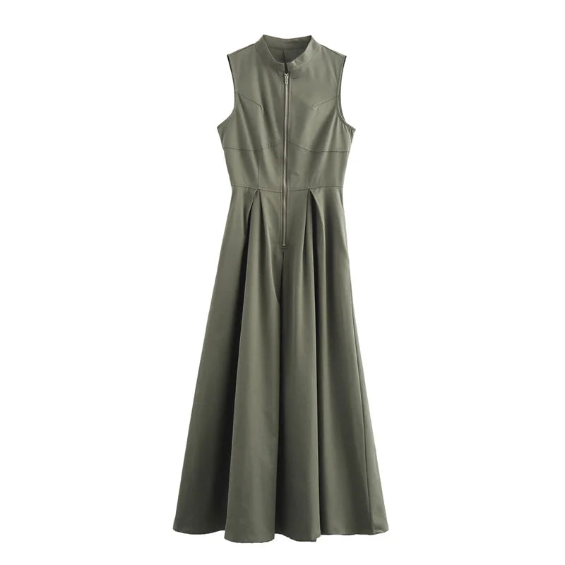 MUJER Zipper Pleated Sleeveless Bodycon Midi Dress