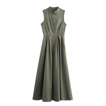 MUJER Zipper Pleated Sleeveless Bodycon Midi Dress