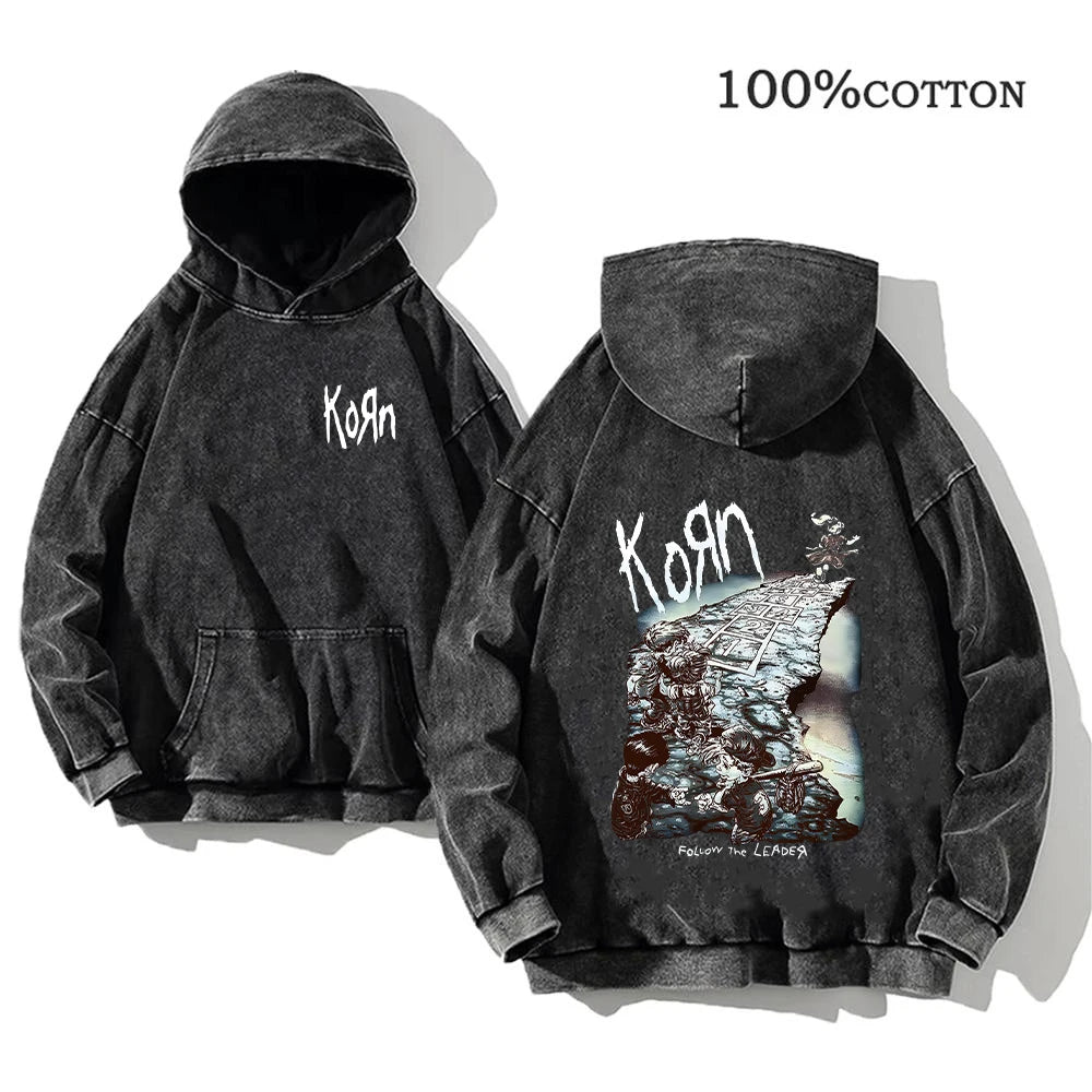 Korn Rock Band Vintage Washed Hoodie – Y2K Streetwear Sweatshirt