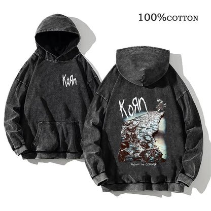 Korn Rock Band Vintage Washed Hoodie – Y2K Streetwear Sweatshirt