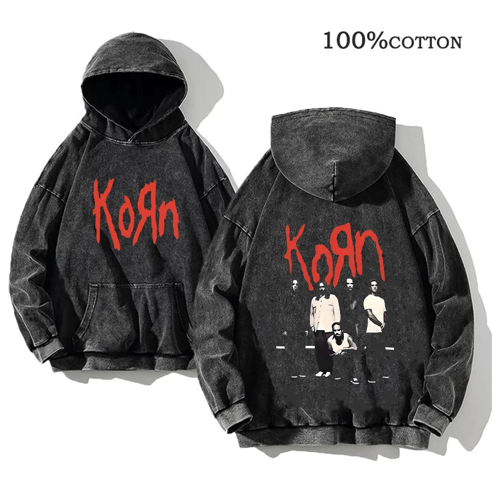 Korn Rock Band Vintage Washed Hoodie – Y2K Streetwear Sweatshirt