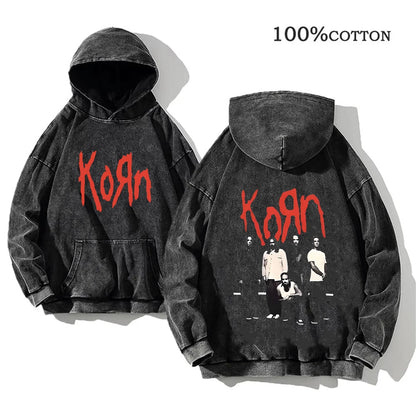 Korn Rock Band Vintage Washed Hoodie – Y2K Streetwear Sweatshirt
