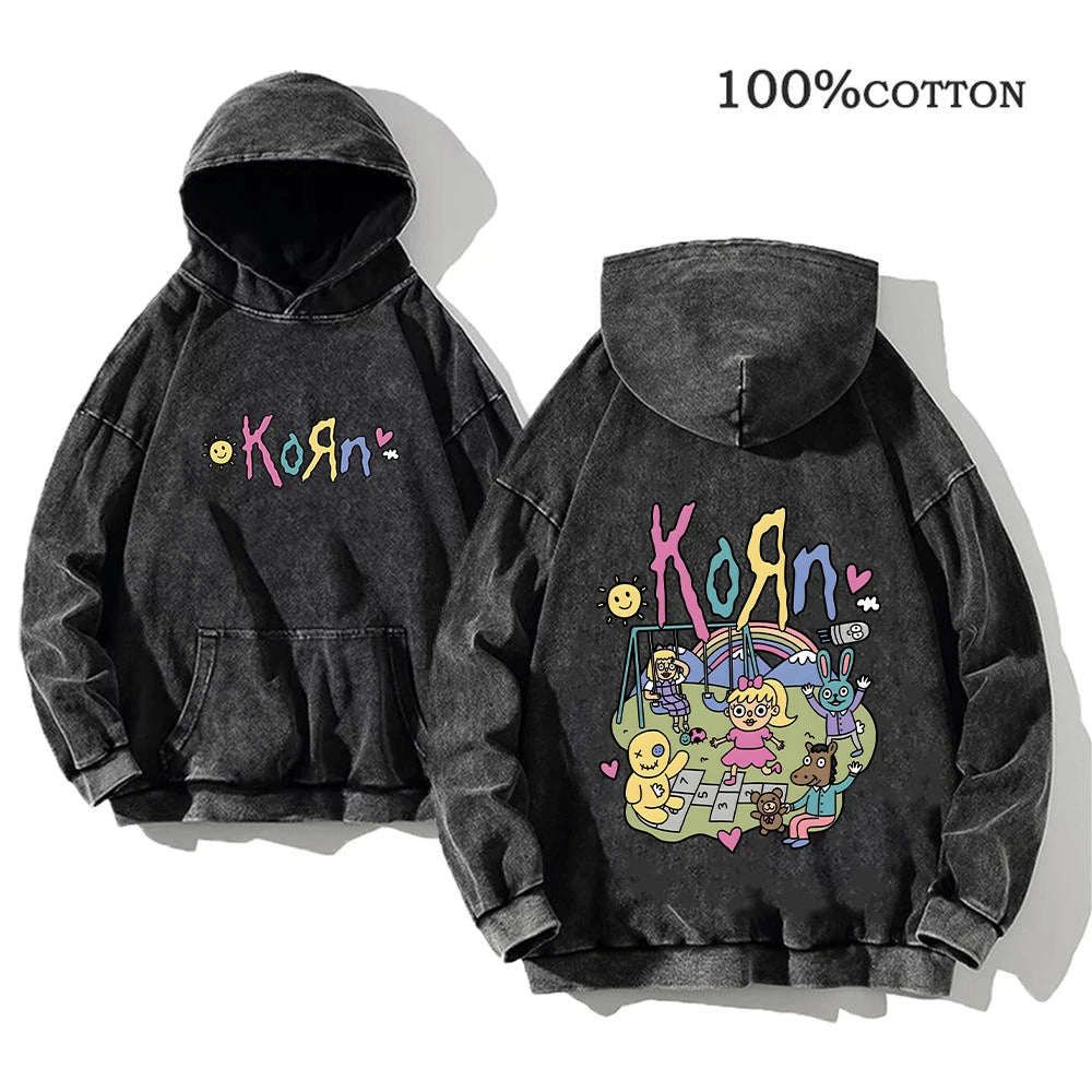 Korn Rock Band Vintage Washed Hoodie – Y2K Streetwear Sweatshirt