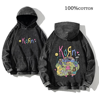 Korn Rock Band Vintage Washed Hoodie – Y2K Streetwear Sweatshirt