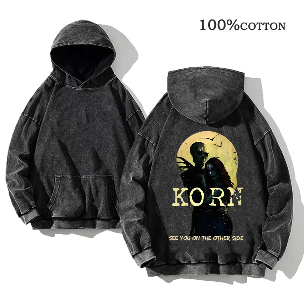 Korn Rock Band Vintage Washed Hoodie – Y2K Streetwear Sweatshirt