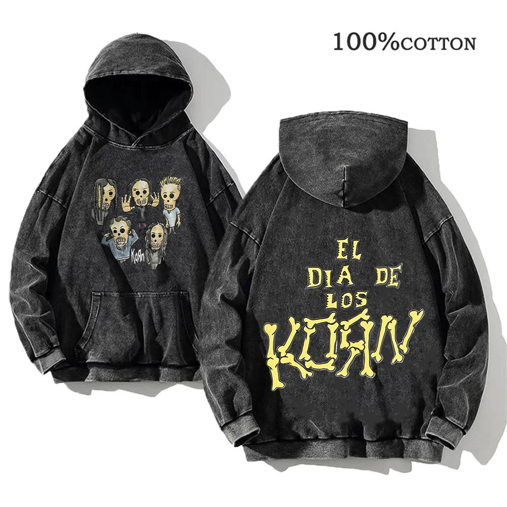 Korn Rock Band Vintage Washed Hoodie – Y2K Streetwear Sweatshirt