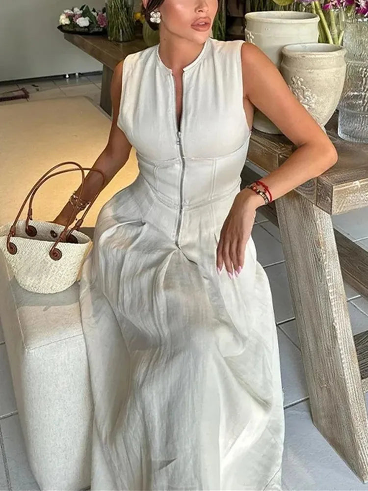 MUJER Zipper Pleated Sleeveless Bodycon Midi Dress