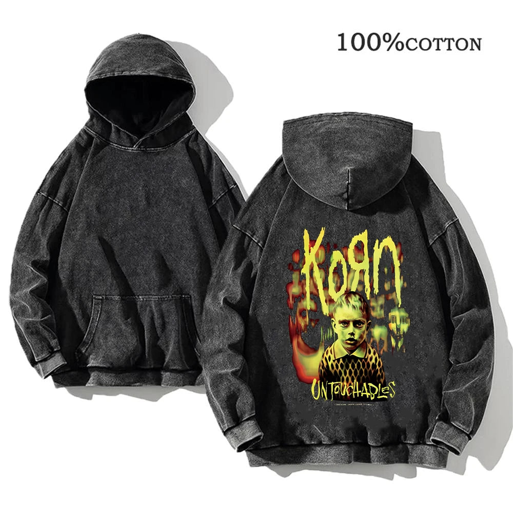 Korn Rock Band Vintage Washed Hoodie – Y2K Streetwear Sweatshirt