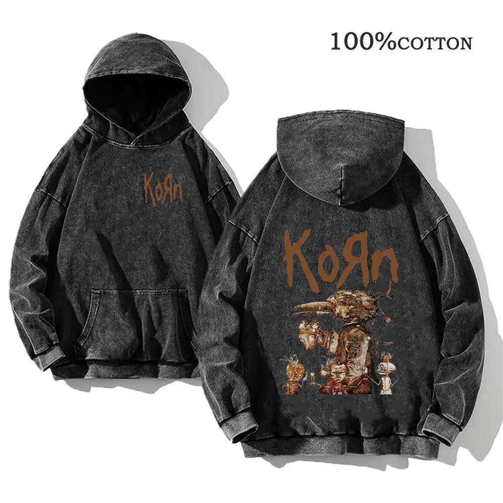 Korn Rock Band Vintage Washed Hoodie – Y2K Streetwear Sweatshirt