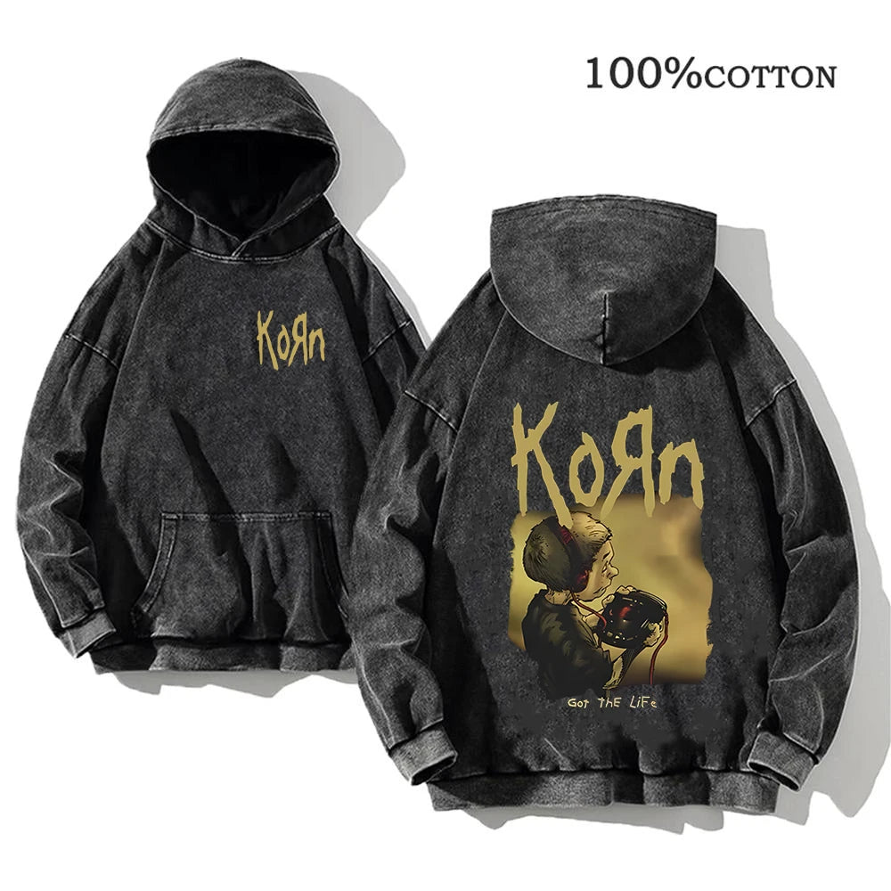 Korn Rock Band Vintage Washed Hoodie – Y2K Streetwear Sweatshirt