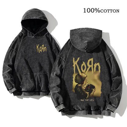 Korn Rock Band Vintage Washed Hoodie – Y2K Streetwear Sweatshirt