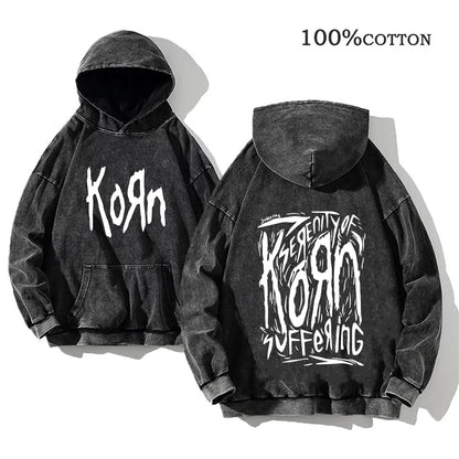 Korn Rock Band Vintage Washed Hoodie – Y2K Streetwear Sweatshirt