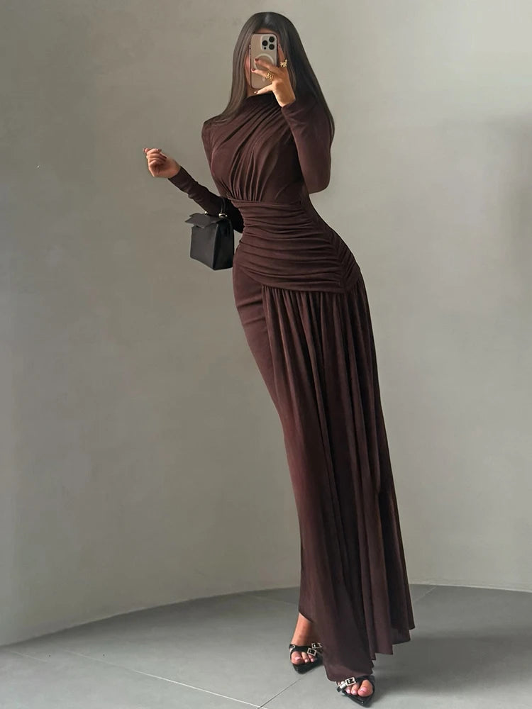 Nibber Folds Maxi Dress – O-Neck Long Sleeve Elegant Vacation Dress