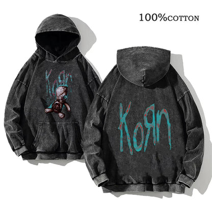 Korn Rock Band Vintage Washed Hoodie – Y2K Streetwear Sweatshirt