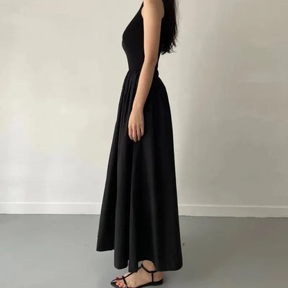 Simple Summer Elegant Black Sleeveless Maxi Dress for Women