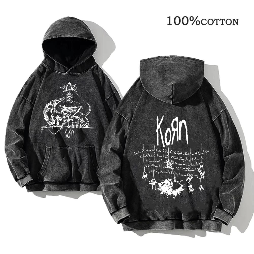 Korn Rock Band Vintage Washed Hoodie – Y2K Streetwear Sweatshirt