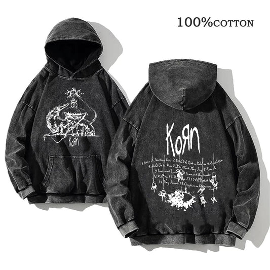 Korn Rock Band Vintage Washed Hoodie – Y2K Streetwear Sweatshirt