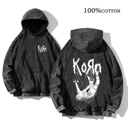 Korn Rock Band Vintage Washed Hoodie – Y2K Streetwear Sweatshirt