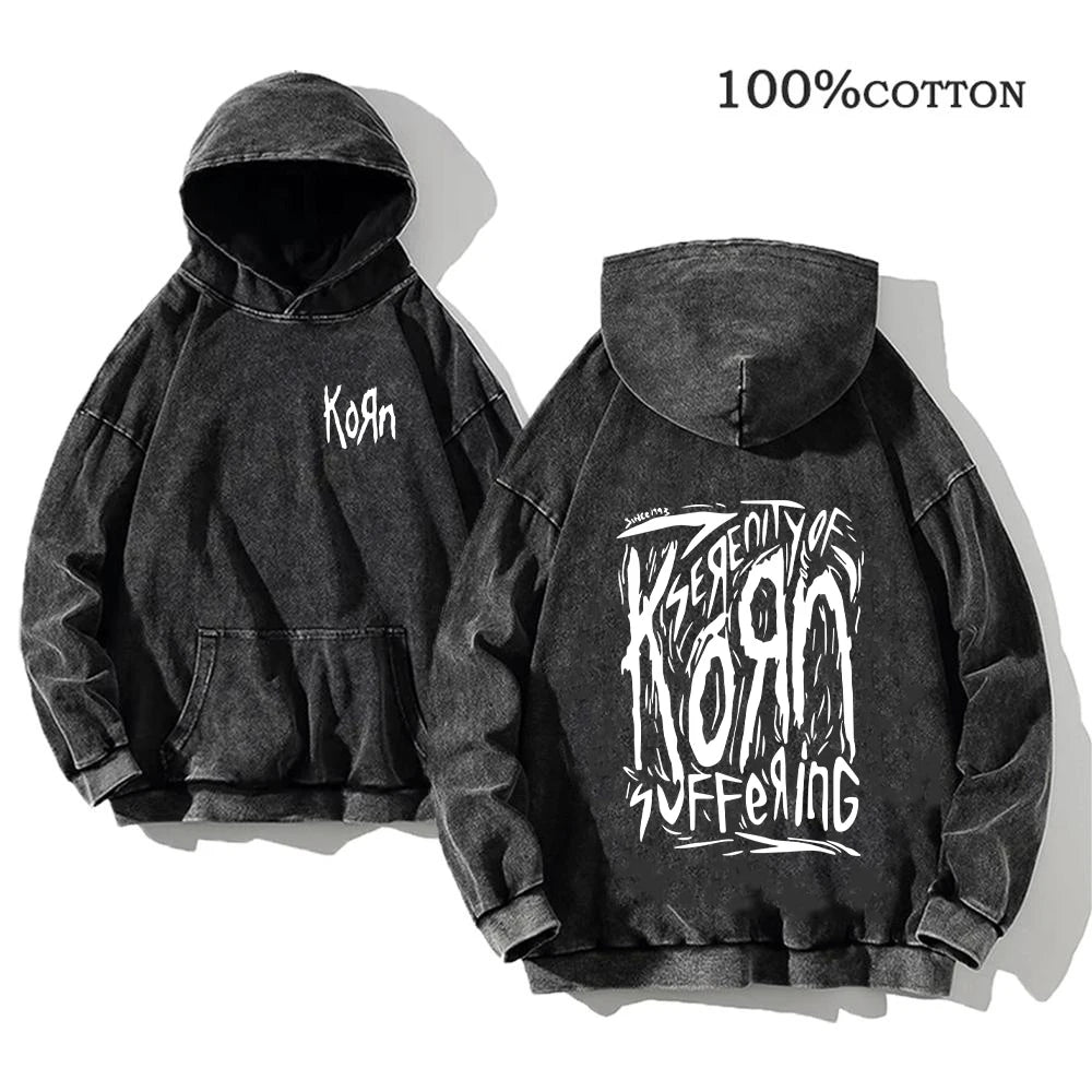 Korn Rock Band Vintage Washed Hoodie – Y2K Streetwear Sweatshirt