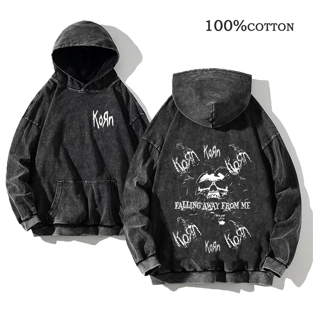 Korn Rock Band Vintage Washed Hoodie – Y2K Streetwear Sweatshirt