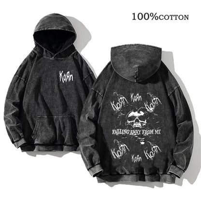 Korn Rock Band Vintage Washed Hoodie – Y2K Streetwear Sweatshirt