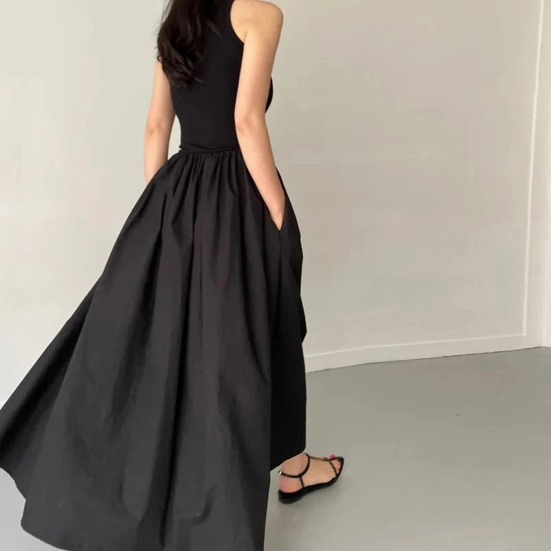 Simple Summer Elegant Black Sleeveless Maxi Dress for Women