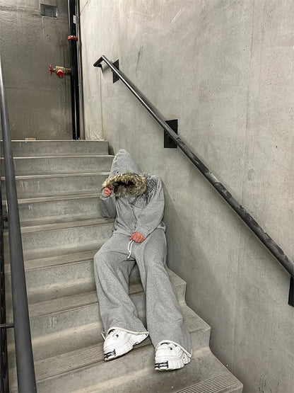 Y2K Women’s Faux Fur Collar Graphic Zip-Up Hoodie – Harajuku Aesthetic