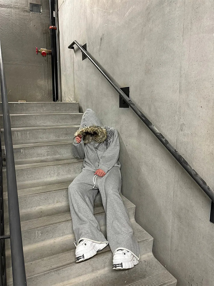 Y2K Women’s Faux Fur Collar Graphic Zip-Up Hoodie – Harajuku Aesthetic