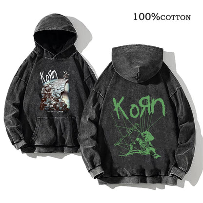 Korn Rock Band Vintage Washed Hoodie – Y2K Streetwear Sweatshirt