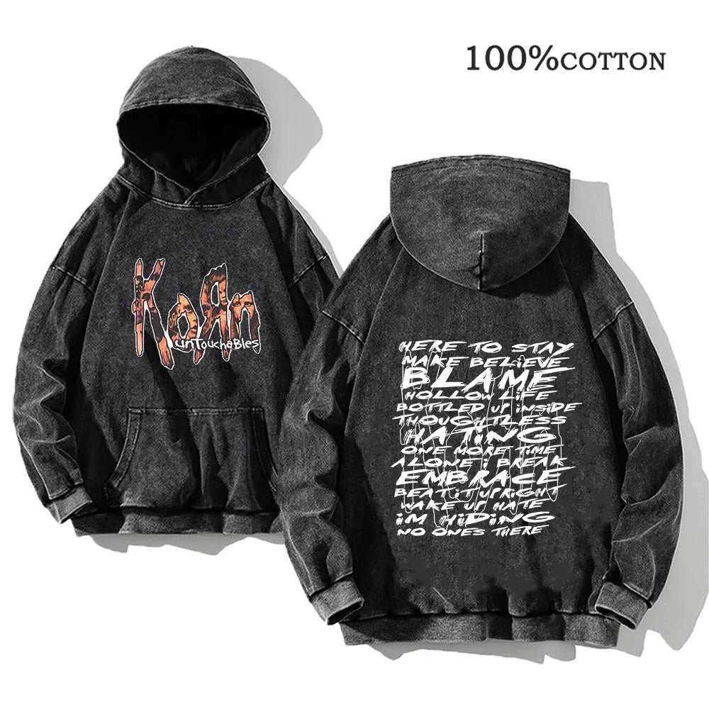 Korn Rock Band Vintage Washed Hoodie – Y2K Streetwear Sweatshirt