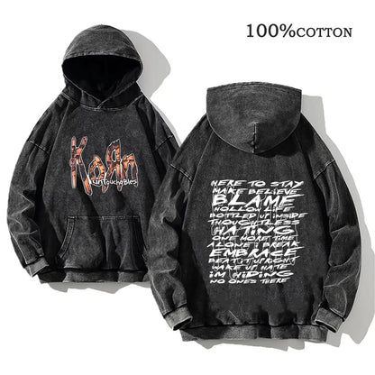 Korn Rock Band Vintage Washed Hoodie – Y2K Streetwear Sweatshirt