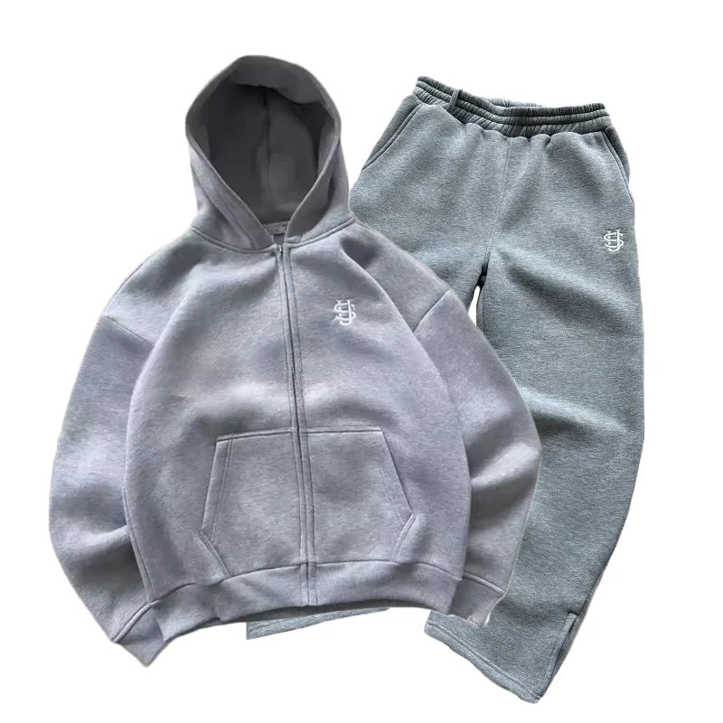 Streetwear Hoodie Set – Men’s Y2K Hoodie & Straight Sweatpants Embroidered Suit