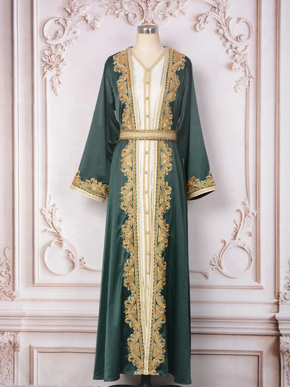 Women’s Beaded Kaftan Abaya – Eid/Ramadan Maxi Dress 2-Piece Outfit