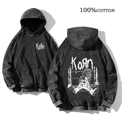 Korn Rock Band Vintage Washed Hoodie – Y2K Streetwear Sweatshirt